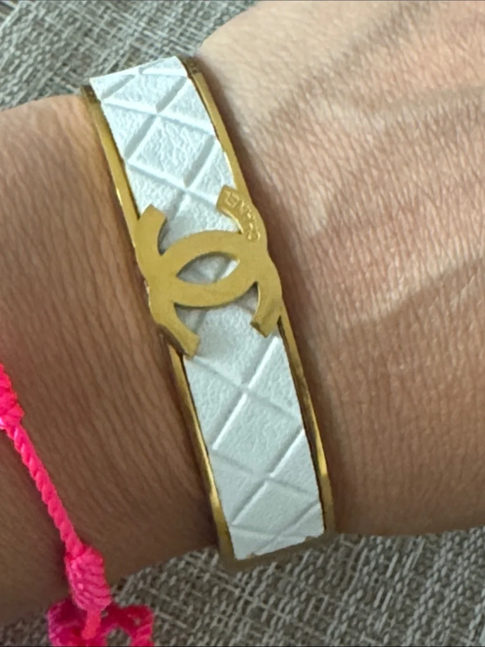 White Quilted style Bangle with Gold Logo Accent